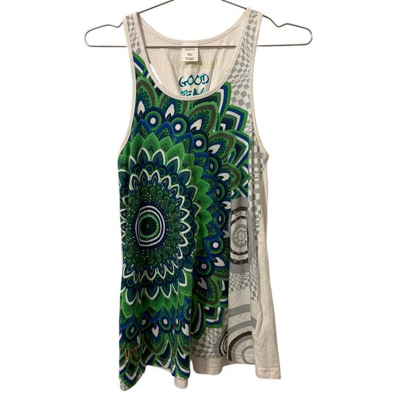 Desigual Peacock Feather Floral Racerback Tank with Bow at Back S - Picture 1 of 5